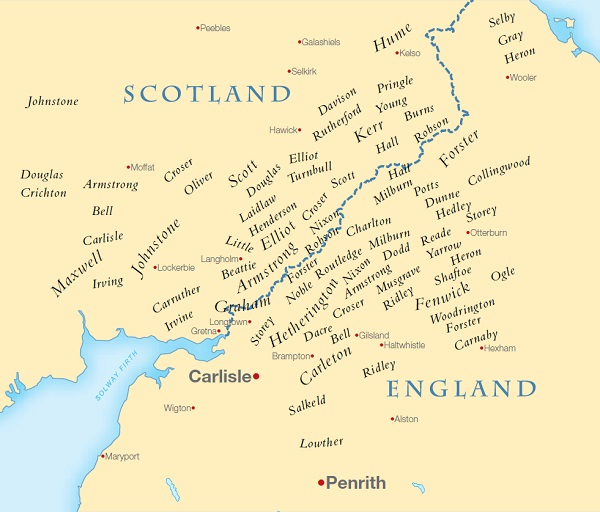 Map showing distribution of Border Reiver surnames