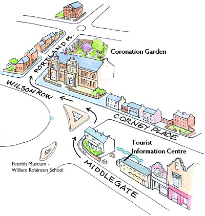 Map to Penrith Coronation Garden from Tourist Information Centre